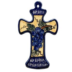 Hand Made Polish Pottery Painted Ceramic Cross Wall Hanging Grapes